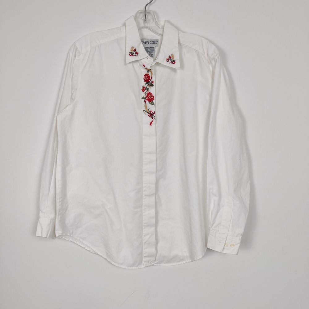 Cabin Creek White Embroidered Rose Button Down Shirt Cotton Cottagecore Bohemian